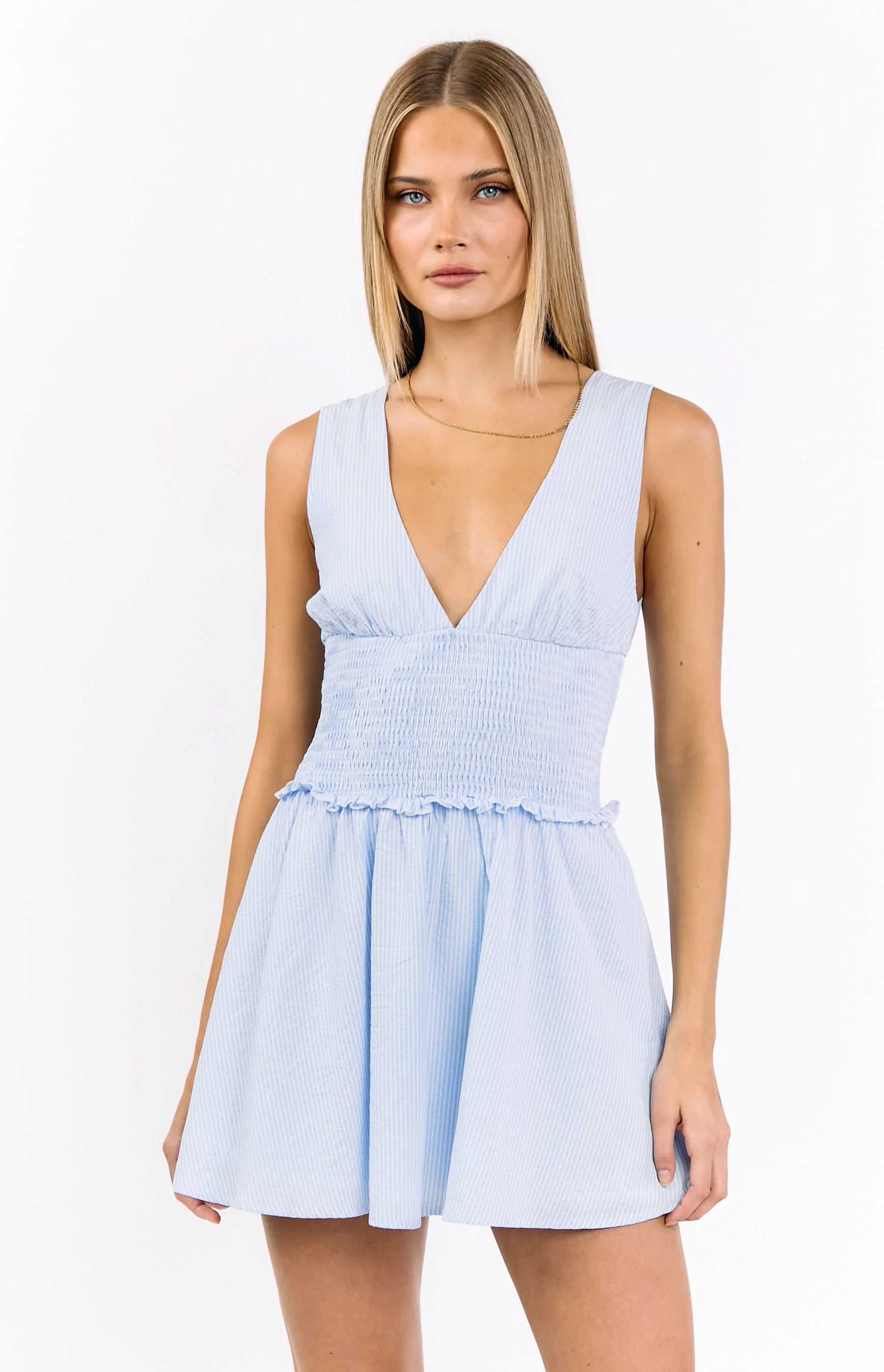 Juna Light Blue Stripe Shirred Mini Dress | Beginning Boutique (US)