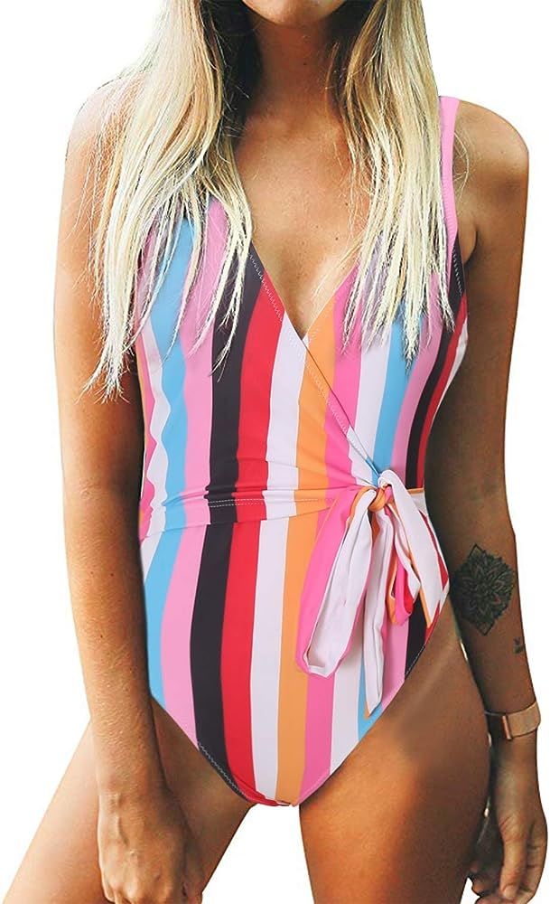 Womens One Piece Swimsuit Tie Knot Tummy Control Bathing Suit Padded High Cut Swimwear Bowknot | Amazon (US)