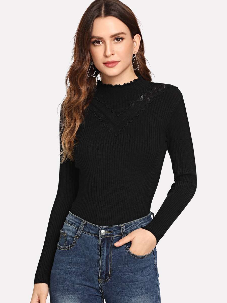 Lettuce Trim Ribbed Knit Sweater | SHEIN