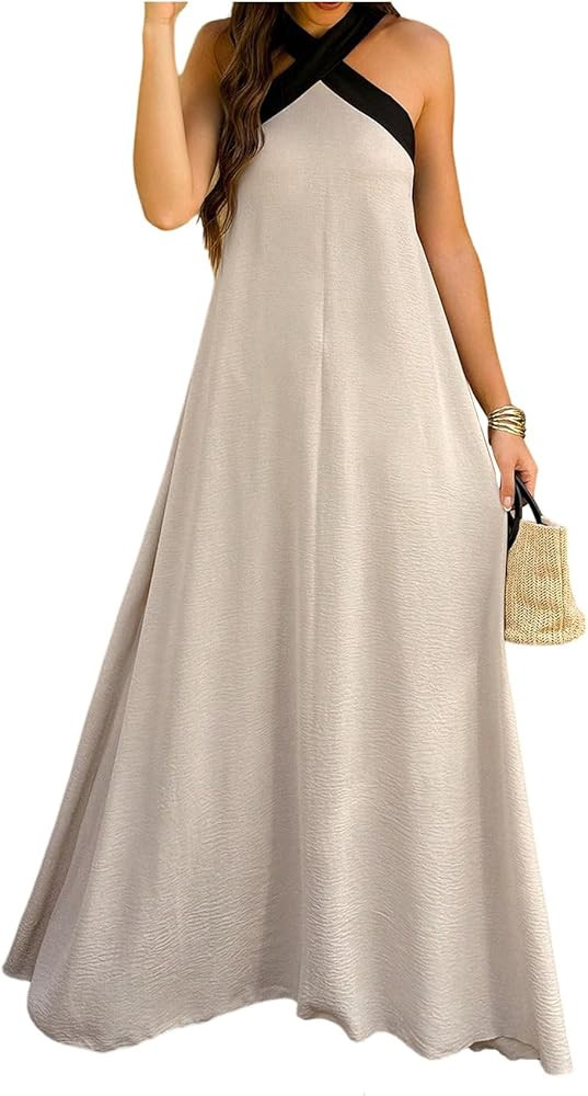 OYOANGLE Women's Color Block Criss Cross Sleeveless Flowy Maxi Dress Beach Vacation Dresses | Amazon (US)