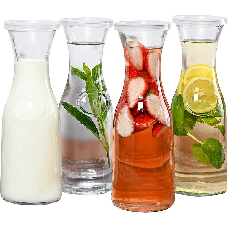 Estilo Glass Beverage Pitcher Carafe With Plastic Lids, Narrow Neck Design, 1 liter-Set of 4, Cle... | Walmart (US)