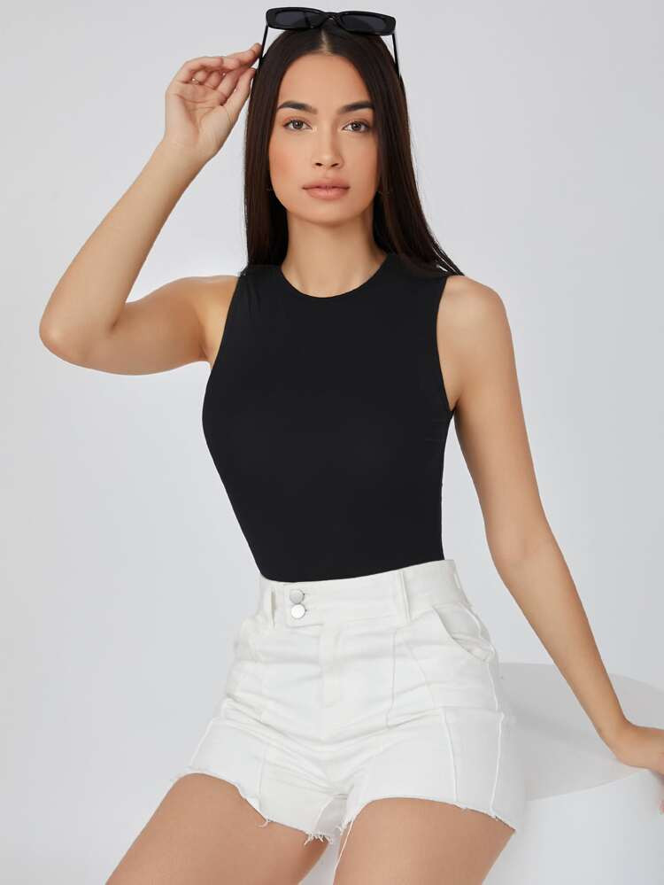 SHEIN BASICS Solid Form Fitted Tank Bodysuit | SHEIN