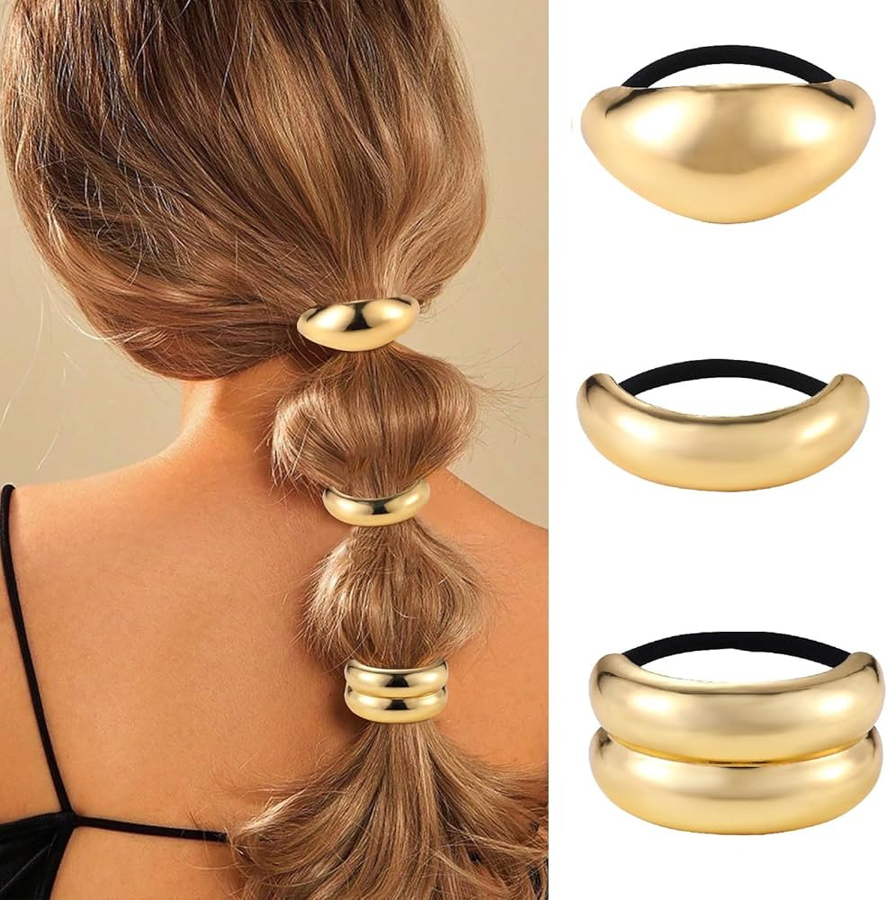 papasgix 3 Metal Hair Ties, Ponytail Cuffs - Gold & Silver Hair Accessories for Women (Gold Set 0... | Amazon (US)