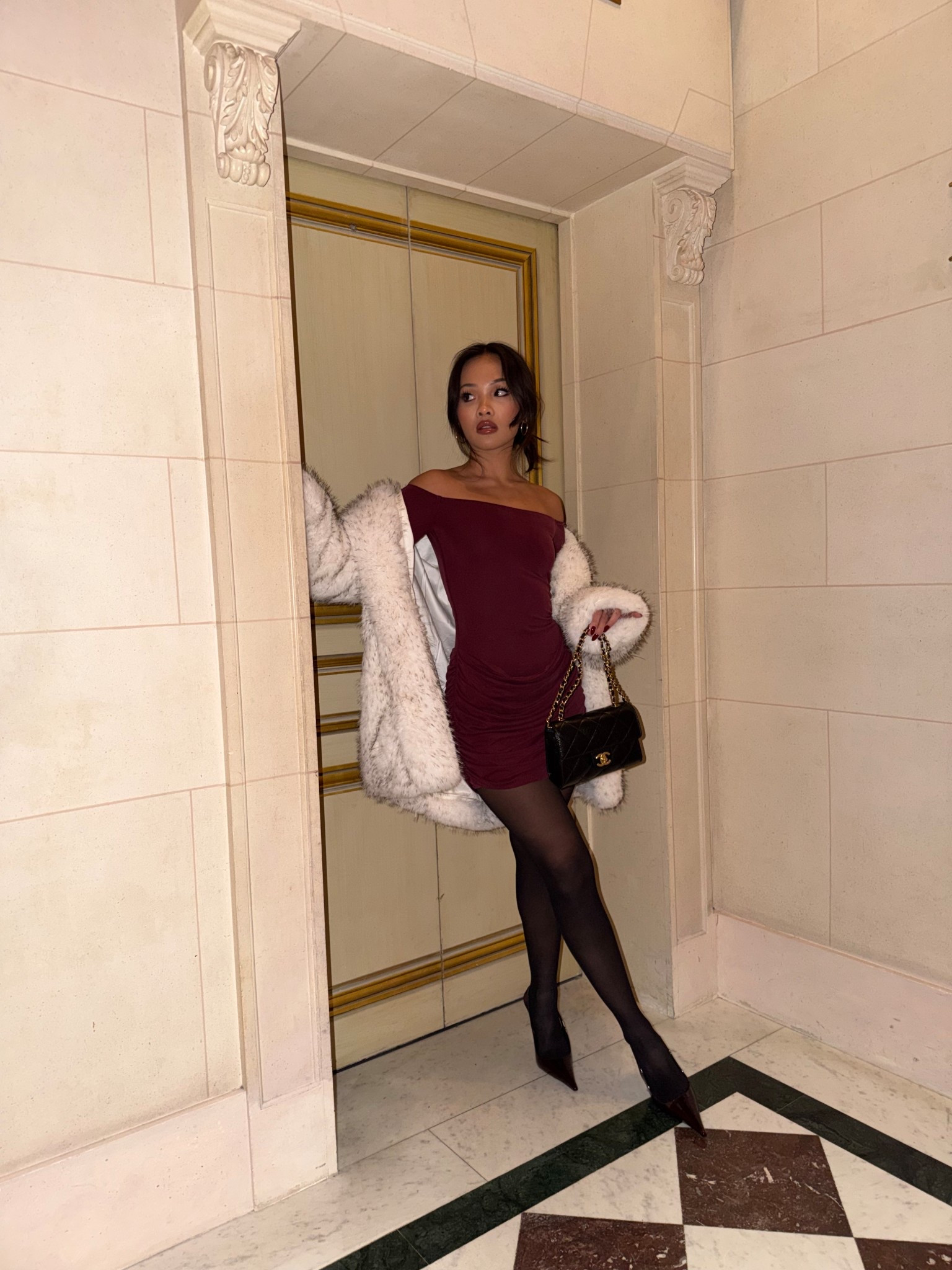 Obsessed with this look from Paris! 

elevated looks, chic outfit, dinner outfit, going out outfit, off the shoulder dress, purse, fur coat, slingback heels, elevated evening look, luxe night out outfit, chic going out look, elegant evening outfit, upscale going out outfit, old money style, polished and refined

#LTKPetite #LTKootd #LTKHoliday