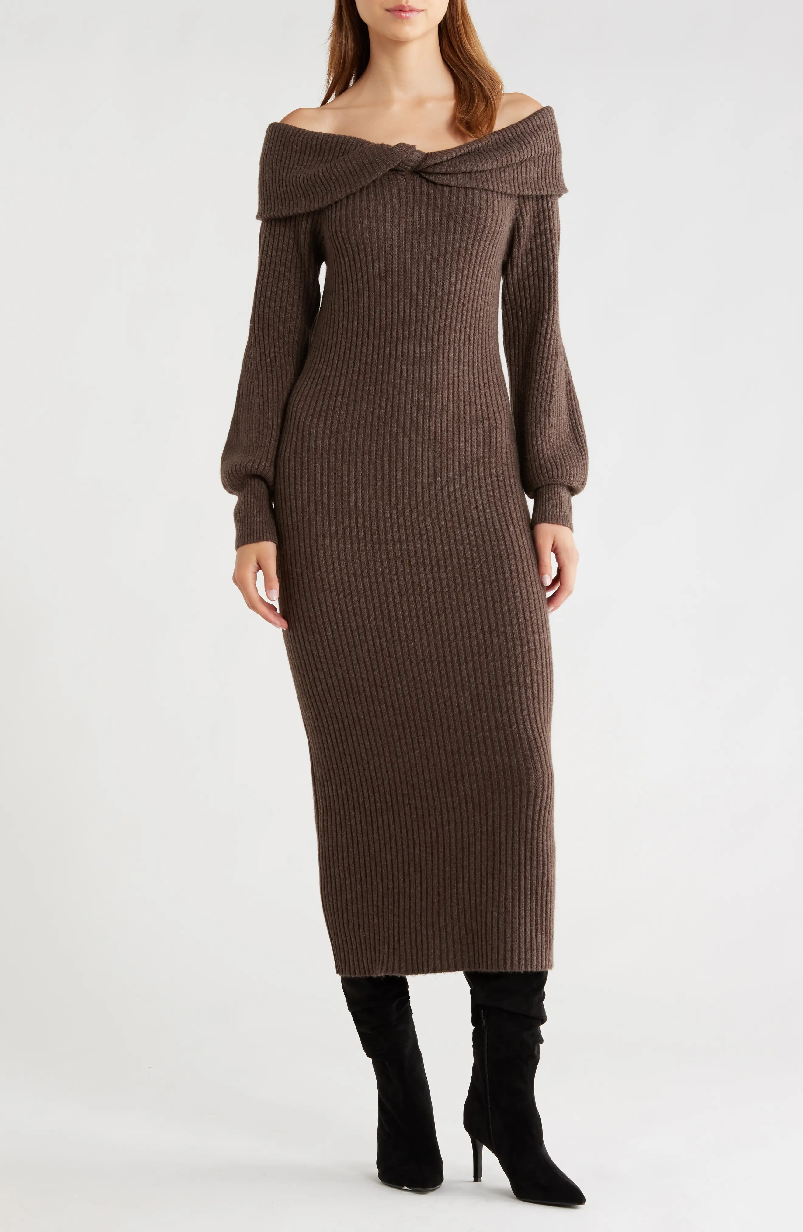 ASTR the Label Tilde Long Sleeve Rib Sweater Dress in Walnut at Nordstrom Rack, Size Medium | Nordstrom Rack