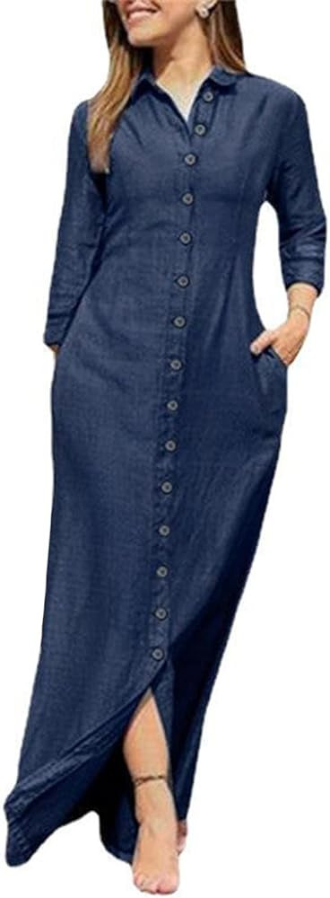 utcoco Womens Casual Button Down Denim Maxi Dress Lapel Long Sleeve Long Jean Dresses with Pocket... | Amazon (US)