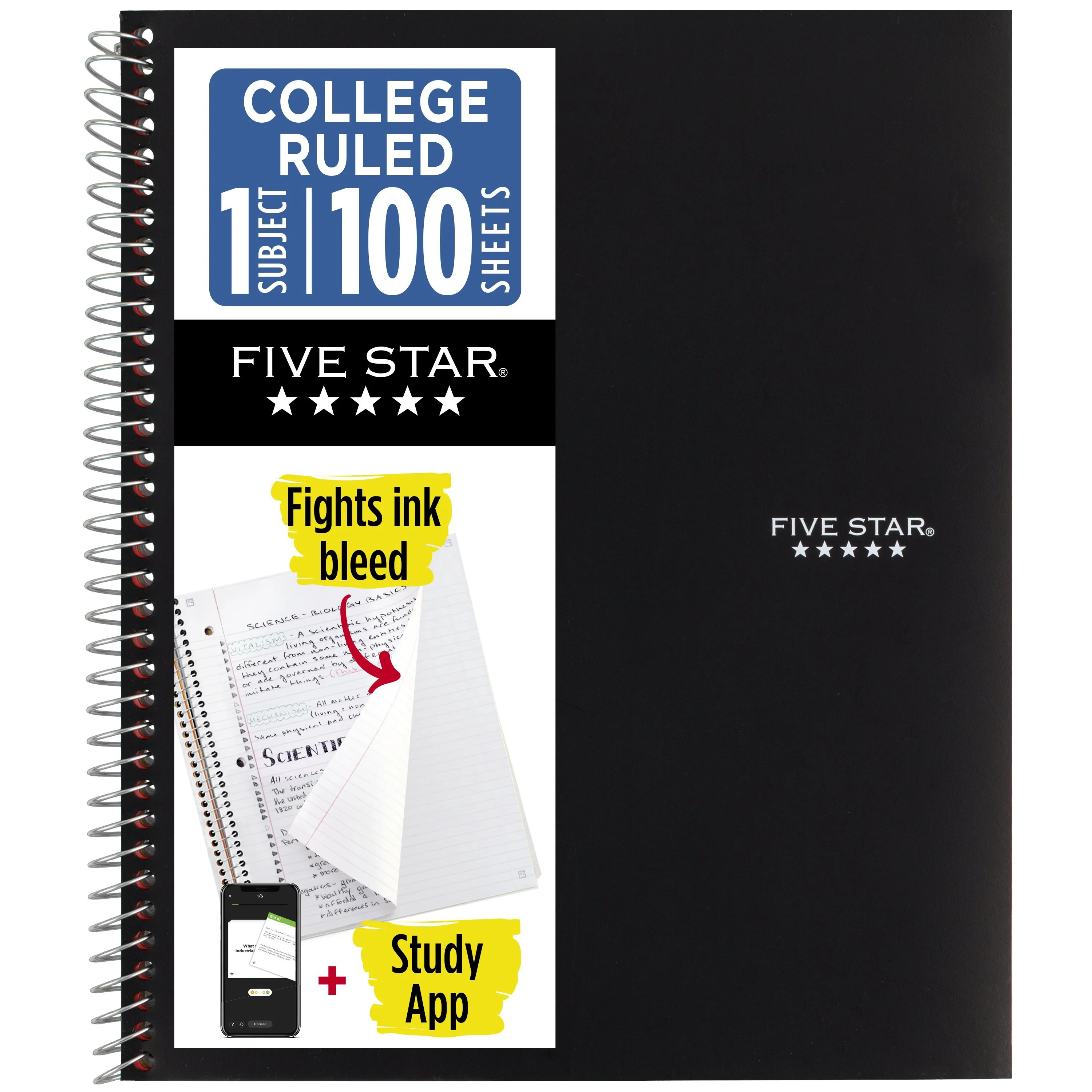 Five Star 1 Subject College Ruled Notebook Plus Study App, 8.5" x 11", Black, Poly, Spiral, 100 S... | Walmart (US)