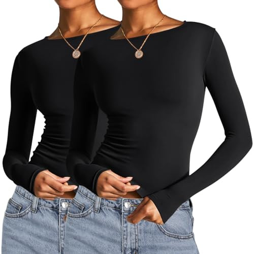 AKEWEI Womens Long Sleeve Boat Neck Undershirt Pack Cute Fall Spring Going Out Crop Skinny Fitted Tops (Black&Black, L) | Amazon (US)