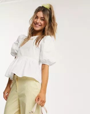 Monki Melina poplin organic cotton puff sleeve blouse in white | ASOS (Global)