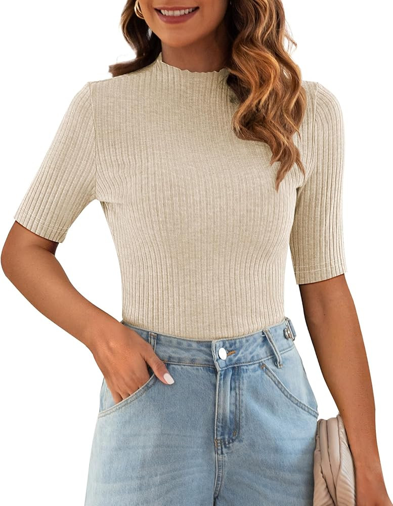 Poetsky Women's Summer Short Sleeve Tops Casual Turtleneck Elbow Ribbed Fitted Basic Shirts | Amazon (US)