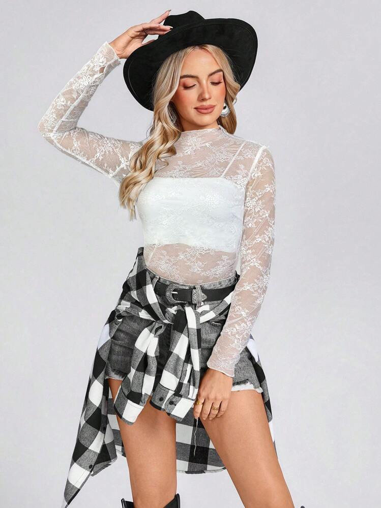 Wildy Women's Black Mesh Lace Sheer American Western Country Music Festival Top For Summer,See Through Top | SHEIN