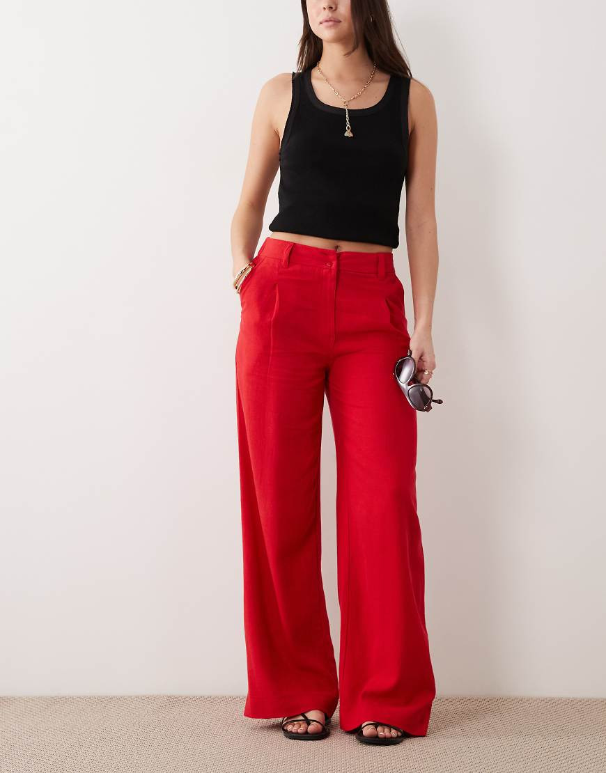 ASOS DESIGN linen blend relaxed straight leg pants in red | ASOS (Global)