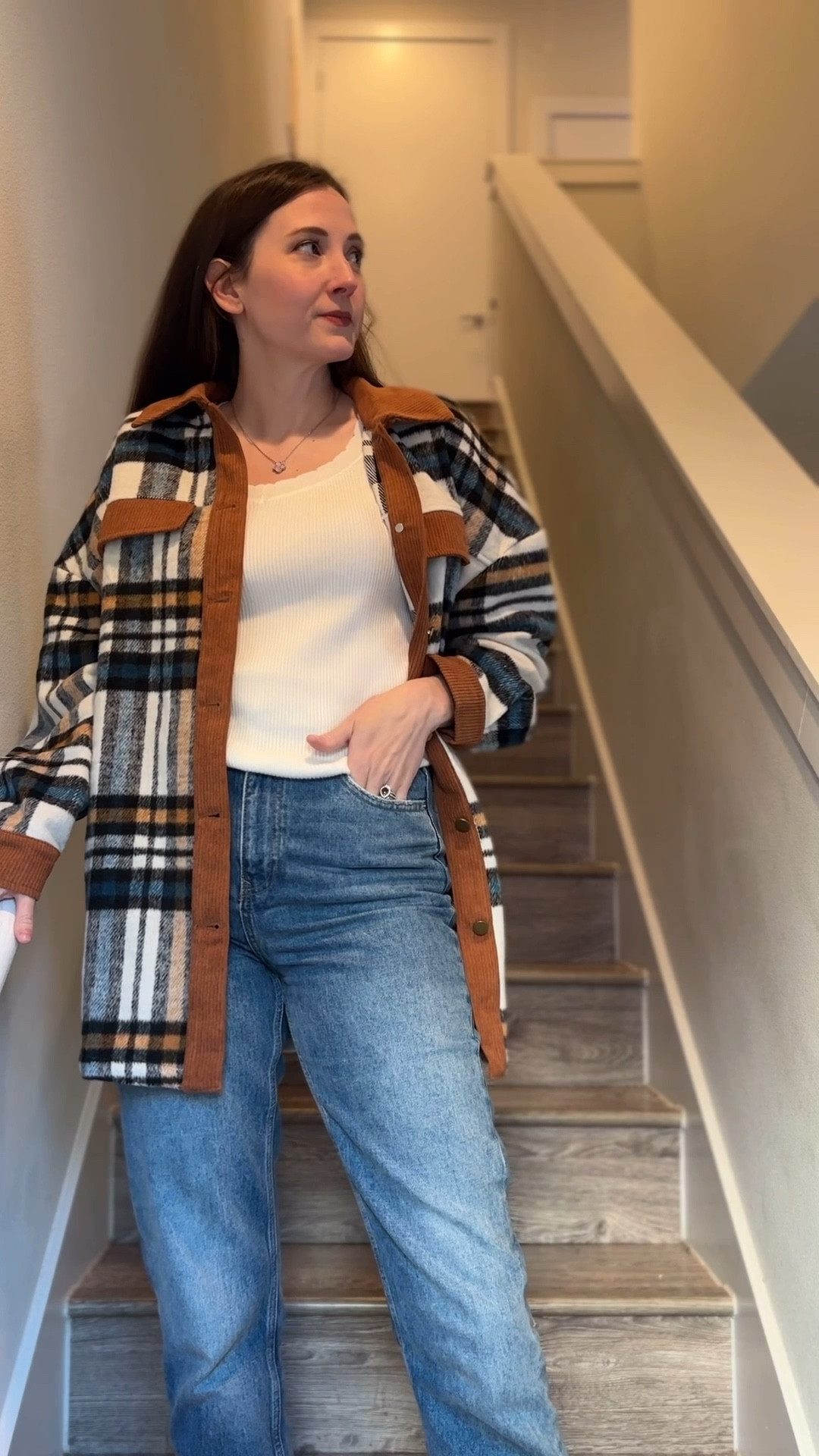 Cozy comfy layers for fall! Lightweight ultra soft cream sweater with scalloped detailing and oversized plaid shacket with split hem denim jeans and teddy sherpa slip ons! Cupshe style and LifeStride shoes 

#LTKmomlife #LTKTall #LTKSeasonal