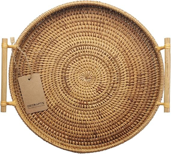 DECRAFTS Round Rattan Bread Basket Woven Serving Tray with Handles for Cracker Dinner Parties Cof... | Amazon (US)