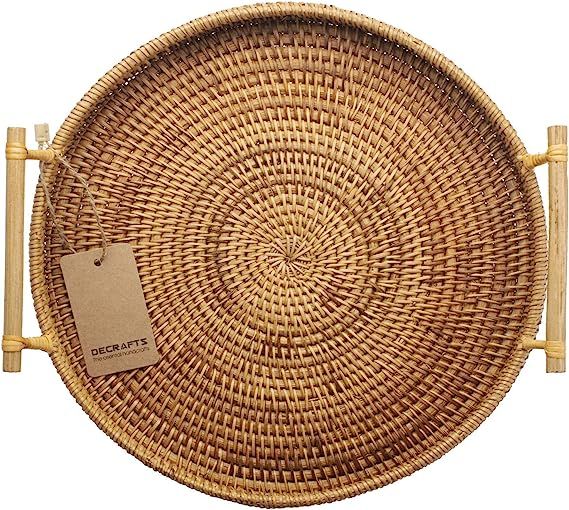 DECRAFTS Round Rattan Bread Basket Woven Serving Tray with Handles for Cracker Dinner Parties Cof... | Amazon (US)