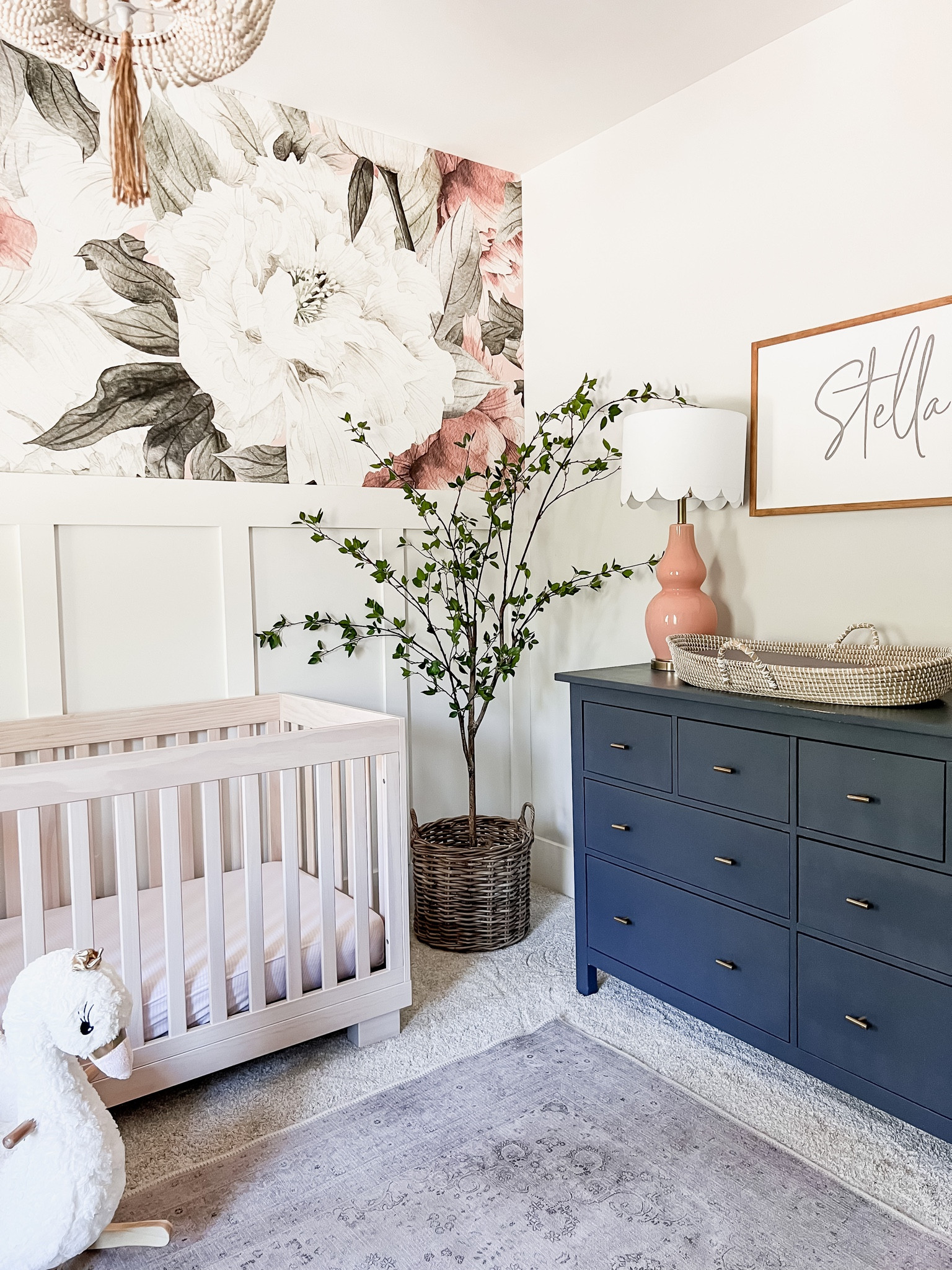 Baby girls nursery kids room little girl blush floral vintage peony wallpaper neutral crib swan rocking horse minimalist tree rattan basket baby name sign pink lamp changing basket Moses basket beaded light fixture chandelier washable rug boutique target Amazon finds 

#LTKhome #LTKFind #LTKkids