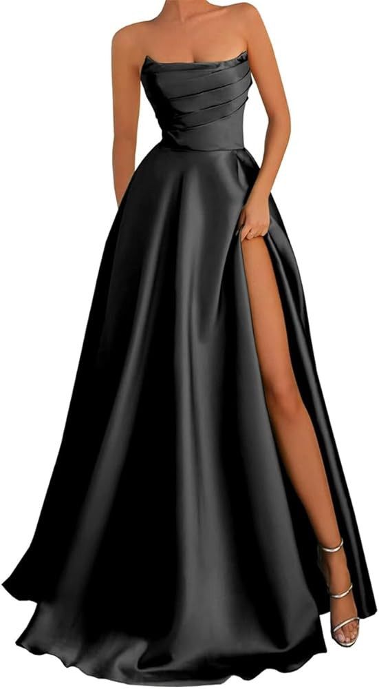 YRGERATON Satin Prom Dress Pleated Bridesmaid Dresses Strapless Formal Evening Party Ball Gowns w... | Amazon (US)