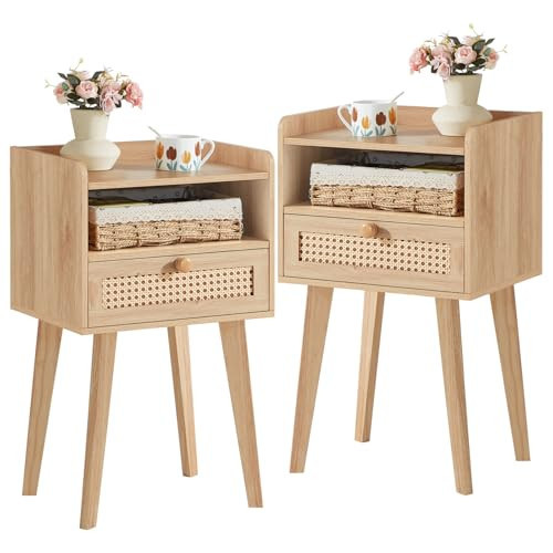 Lerliuo Rattan Night Stand Set of 2 with Drawer Open Shelf, Cane Accent Nightstand Bed Side End Table with Solid Wood Legs,Boho Nightstands Bedside Tables for Bedroom Living Room Dorm and Small Spaces | Amazon (US)