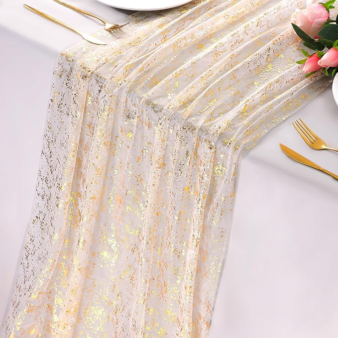 Snowkingdom 3Pcs 10Ft Gold Table Runners, Gauze Sheer Chiffon Cheesecloth Wedding Runner, Golden ... | Amazon (US)