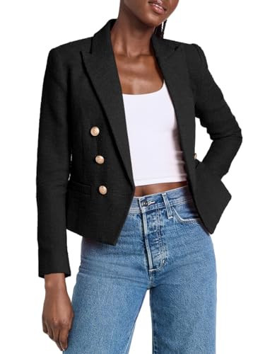 Cicy Bell Women Double Breasted Cropped Tweed Blazer Jackets Lapel Open Front Long Sleeve Business Suit Jackets with Pocket Black | Amazon (US)