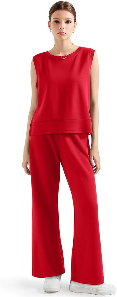SUUKSESS Women 2 Piece Lounge Matching Sets Wide Leg Sweatpants Sleeveless Tops | Amazon (US)