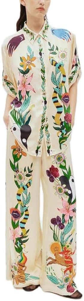 Women Graphic 2 Piece Pants Outfit Short Sleeve Button Down Blouse Wide Leg Lounge Pants Set Summ... | Amazon (US)