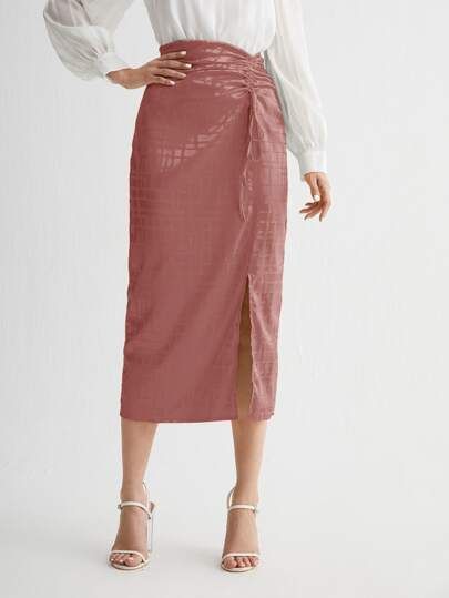 SHEIN Drawstring Ruched Split Hem Jacquard Skirt | SHEIN