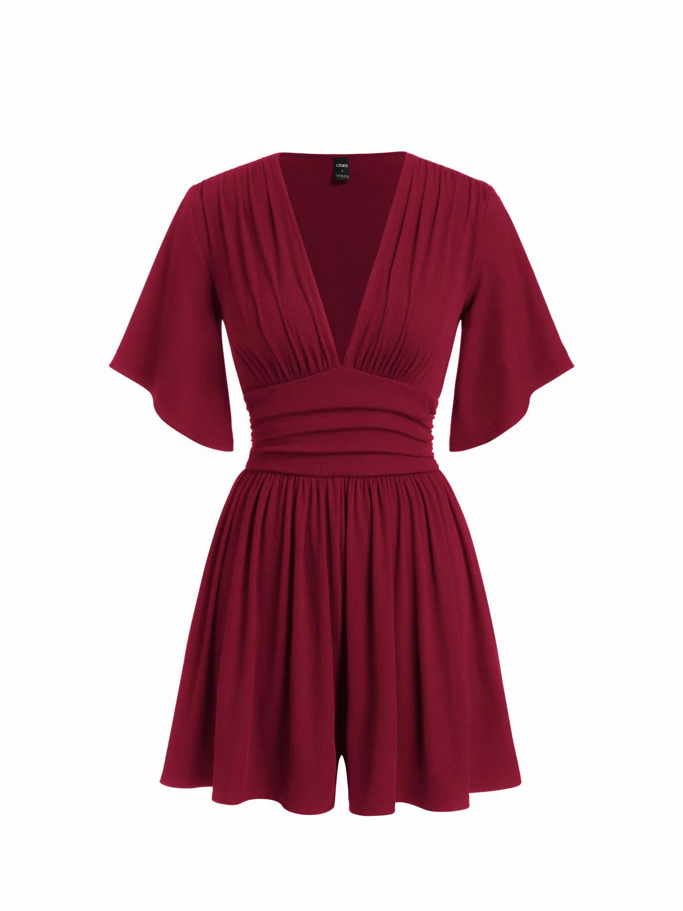 Textured V-neck Ruched Mid Rise Bell Sleeve Romper | Cider