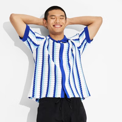 Men's Short Sleeve Knit Button-Down Shirt- Original Use™ Blue S: Casual Polo Collar, Stripe Pattern | Target
