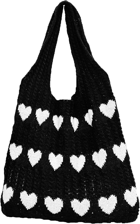 Women's Crochet Tote Bags Heart Knit Tote Bag Cute Y2K Aesthetic Knitted Shoulder Bag Heart Bag H... | Amazon (US)