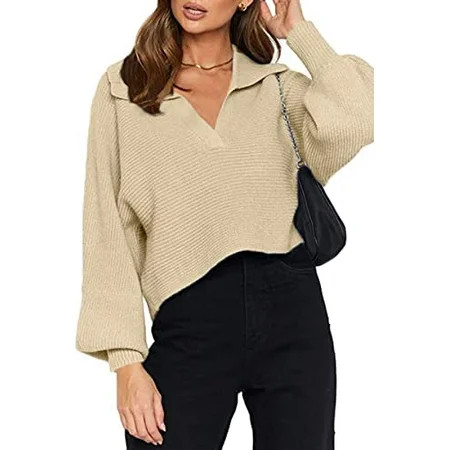 Women Overized Puff Long Sleeve V Neck Knitted Polo Pullover Sweater Jumper Tops(Beige) | Walmart (US)