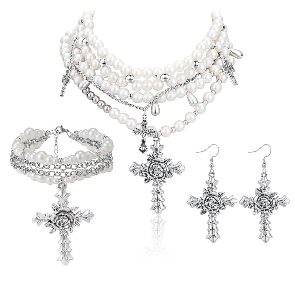KURTCB Layered Pearl Cross Jewelry Set Statement Chunky Y2k Gothic Pearl Necklace and Earrings Br... | Amazon (US)