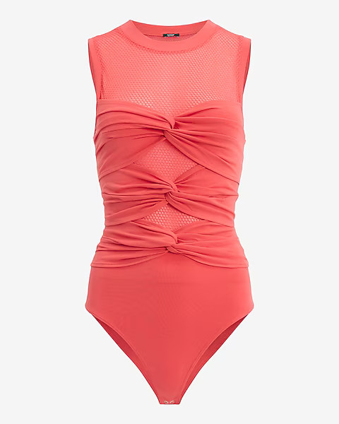Fitted Mesh Crew Neck Twist Front Bodysuit | Express
