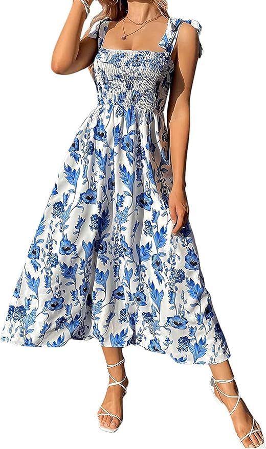 Floerns Women's Floral Print Tie Strap Square Neck Ruffle Boho Maxi Dress | Amazon (US)