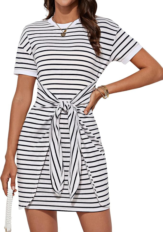 GRACE KARIN Striped Shirt Dresses for Women Front Tie Crewneck Wrap Dress Short Sleeve T-Shirt Ca... | Amazon (US)