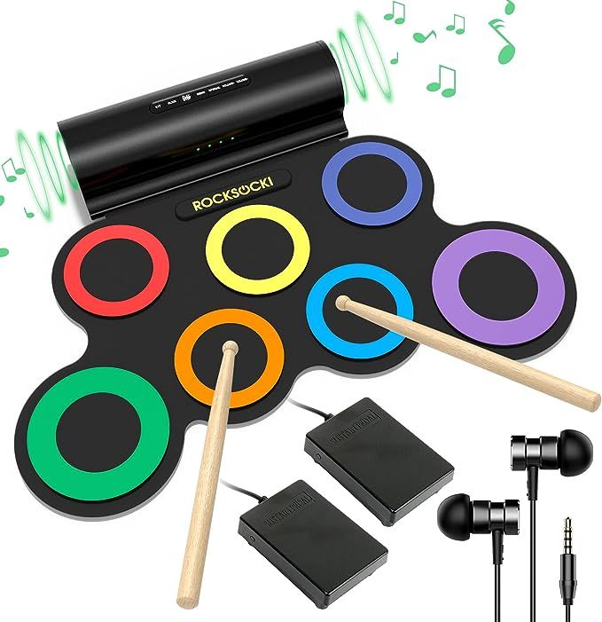 ROCKSOCKI Electric Drum Set, 7 Pads Kids Drum Set, Roll-up Practice Drum Pad with Headphone Built... | Amazon (US)