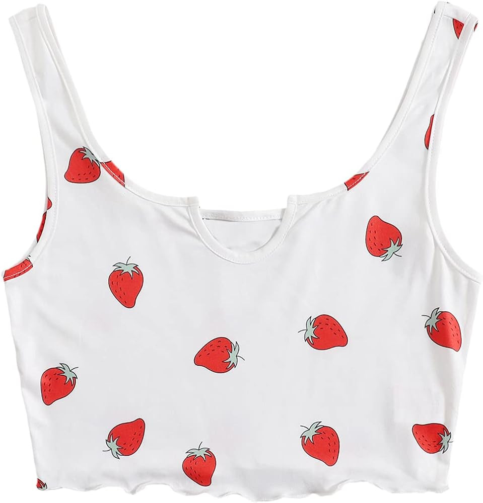 Romwe Women's Cute Strawberry Print Sleeveless Notch Neck Lettuce Trim Crop Tank Tops Vest | Amazon (US)