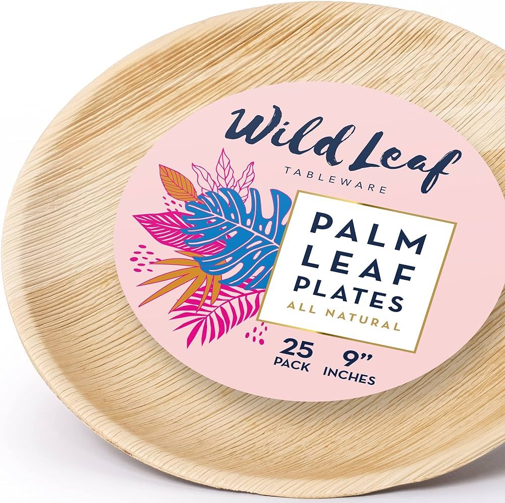 Wild Leaf Tableware Wooden Palm Leaf Plates - 9 Inch / 25 Pack Round Wood Plates - Elegant and He... | Amazon (US)