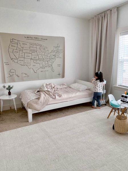 Linked as much as I could in Harper’s room. 

Curtains - Amazon
Map - Gathre
Bed - Ouef bed 
Duvet - Parachute Home 
Linens - Quince 
Rug - West Elm
Canopy - Willow & Hudson
Circle floor pillows - Gathre 
Large bin - Gathre 
Apple wall basket - Connected Goods 