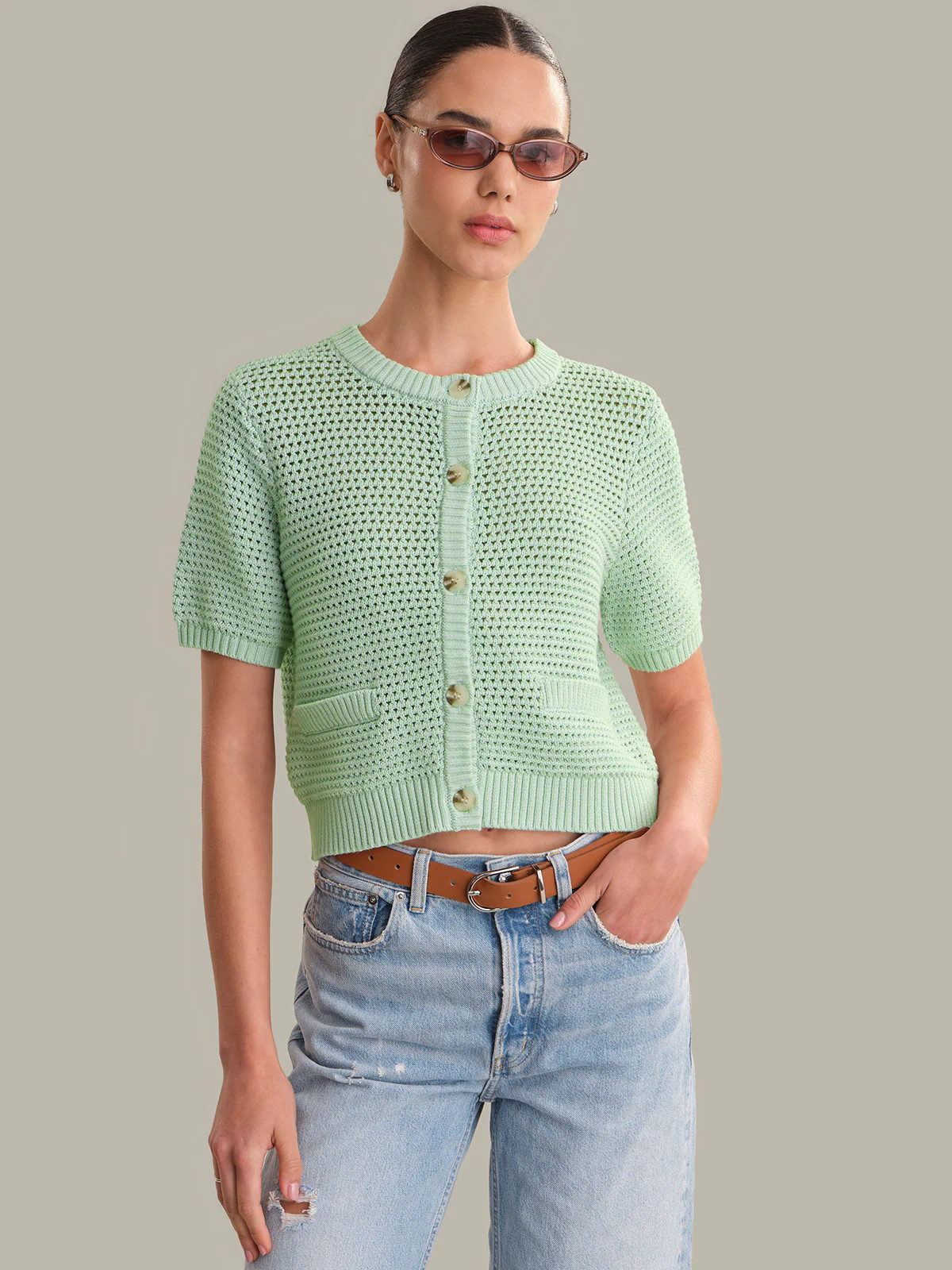 Celine: Cotton Cropped Pointelle Cardigan | 525 America