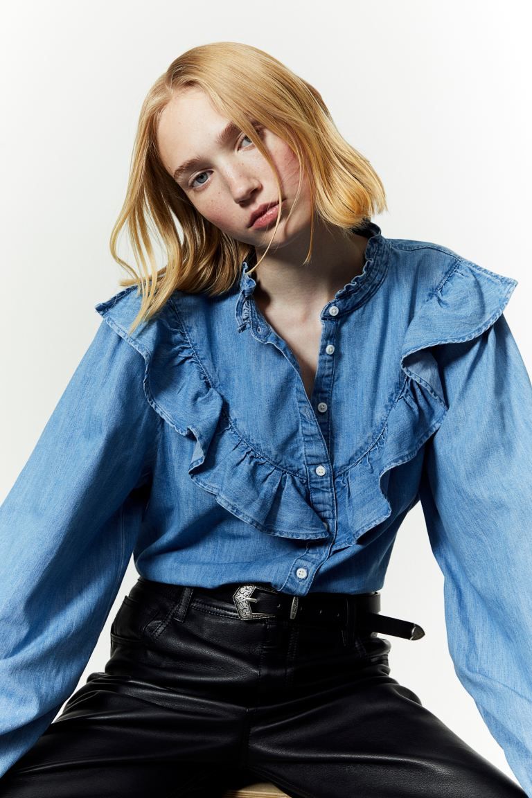 Flounce-trimmed Blouse - Light denim blue - Ladies | H&M US | H&M (US)