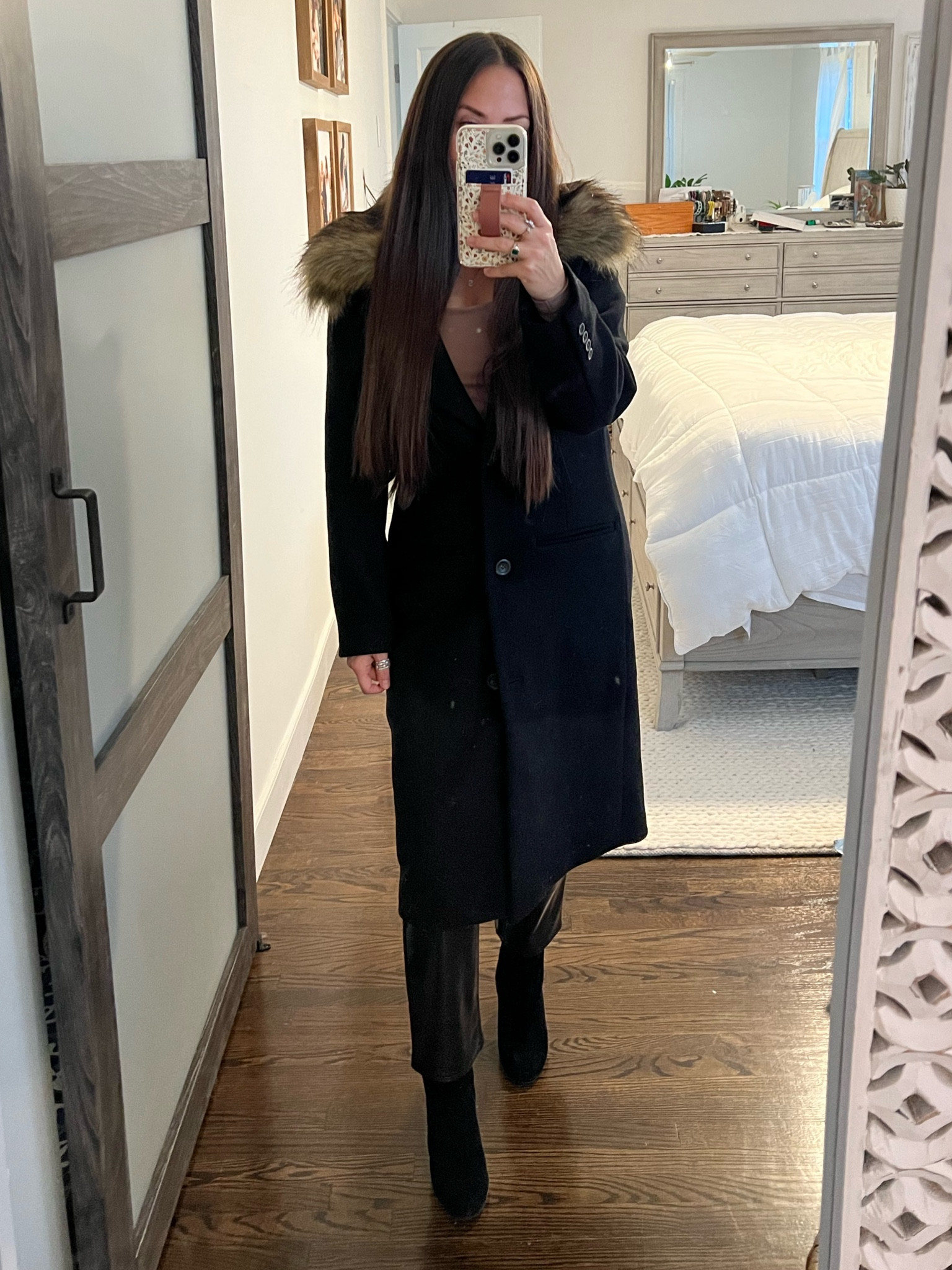 #LTKxAF sale!! Black winter coat / black pea coat / black pea coat with faux fur / trendy coat / black pleather pants / date night 

#LTKxAF #LTKsalealert #LTKSeasonal