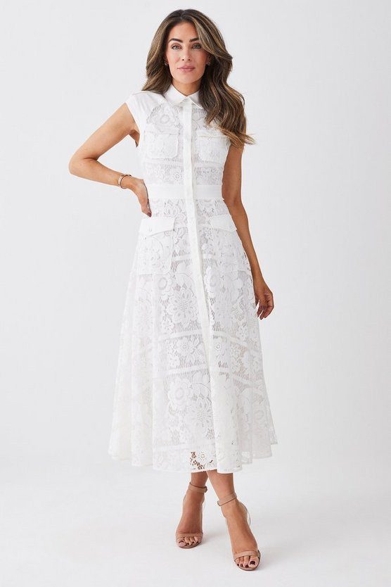 Lydia Millen Lace Military Mix Woven Midi Dress | Karen Millen US