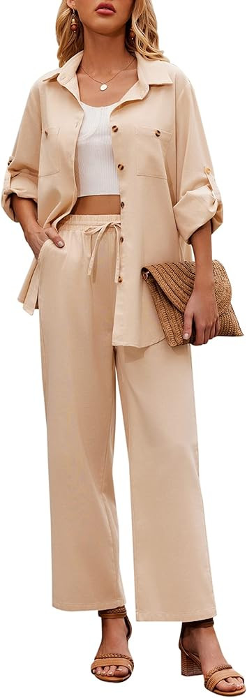 Zeagoo Women 2 Piece Linen Sets 2023 Button Down Shirt and Drawstring Long Pants Set Summer Outfi... | Amazon (US)