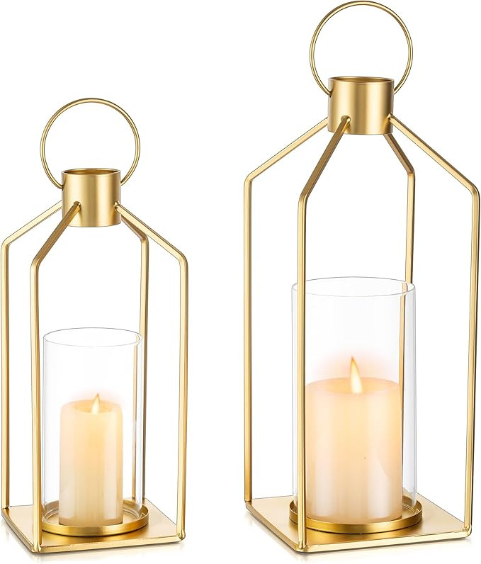 Gold Lanterns Decorative Indoor: Set of 2 Lanterns with Glass for Table Centerpieces Candle Holde... | Amazon (US)