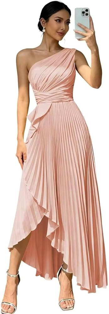 Ruffles Long Bridesmaid Dresses for Women Pleated One Shoulder Satin A Line Formal Evening Dress ... | Amazon (US)