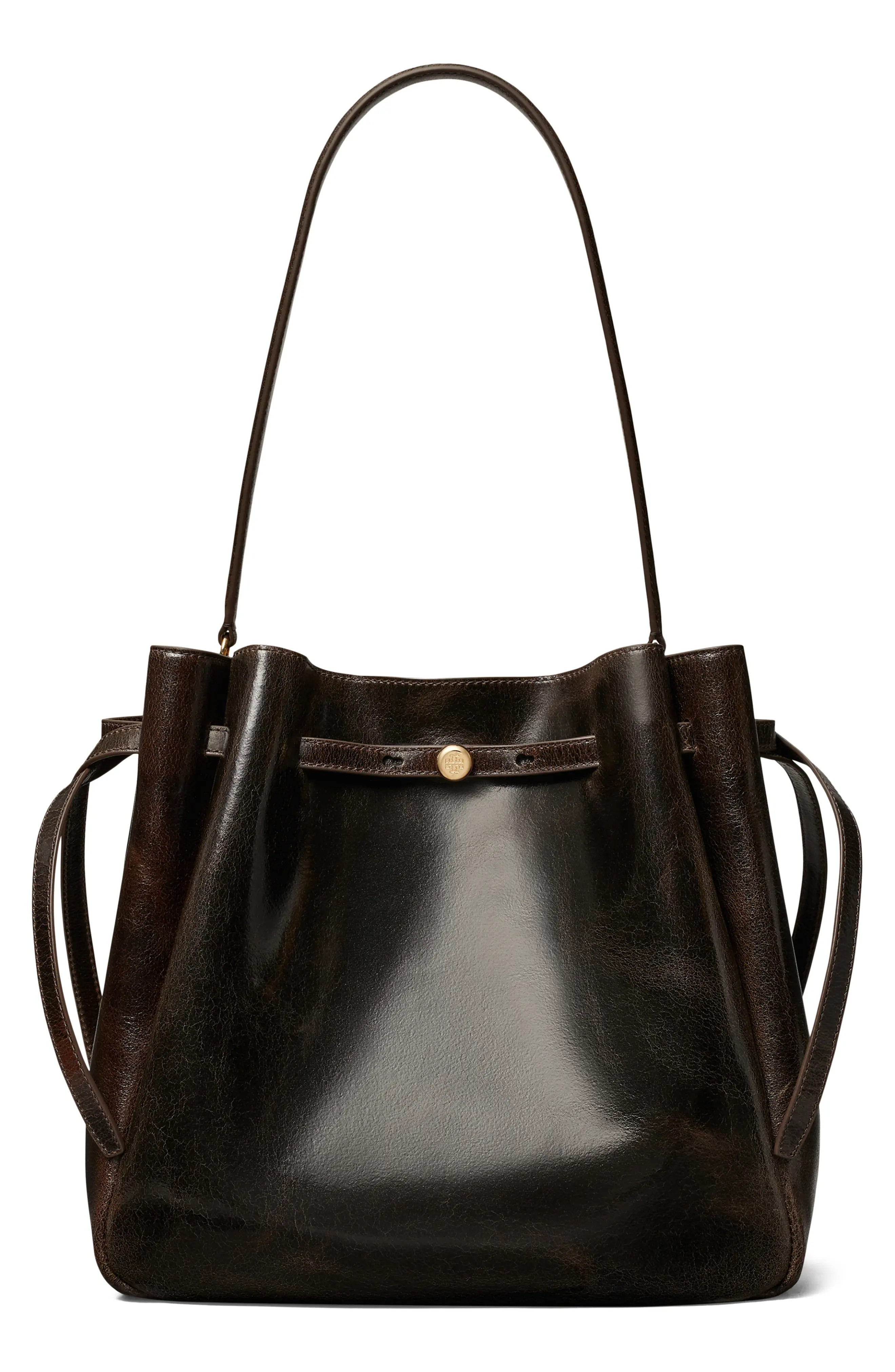 Tory Burch Romy Distressed Large Leather Bucket Bag in Dark Brown at Nordstrom | Nordstrom
