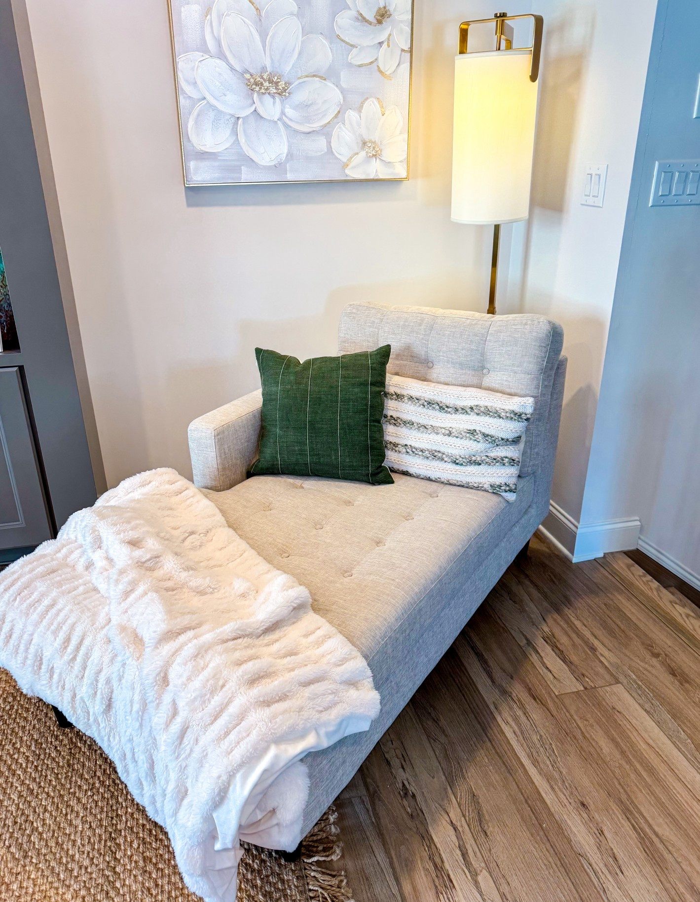 Love this cozy spot!! 🤍

Upholstered Fabric Chaise // lounge // chair // furniture // Kirklands white faux fur bubble throw blanket // joss & main pillow // new home decor 

#LTKHome #LTKmomlife #LTKSaleAlert