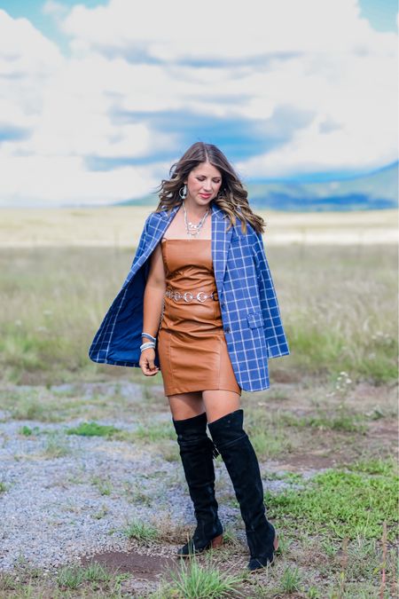 Blazer runs really oversized, still big when I sized down to an extra small. Belt and dress fit tts. Boots are old but I linked a similar option. 

Girls night, date night, blazer, leather dress, too boots, over the knee boots, fall fashion, fall style 

#LTKunder50 #LTKSeasonal