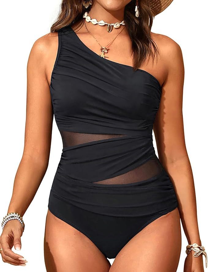 Aqua Eve Women Mesh One Piece Swimsuit - Tummy Control One Shoulder Bathing Suit Cut Out Swimwear... | Amazon (US)